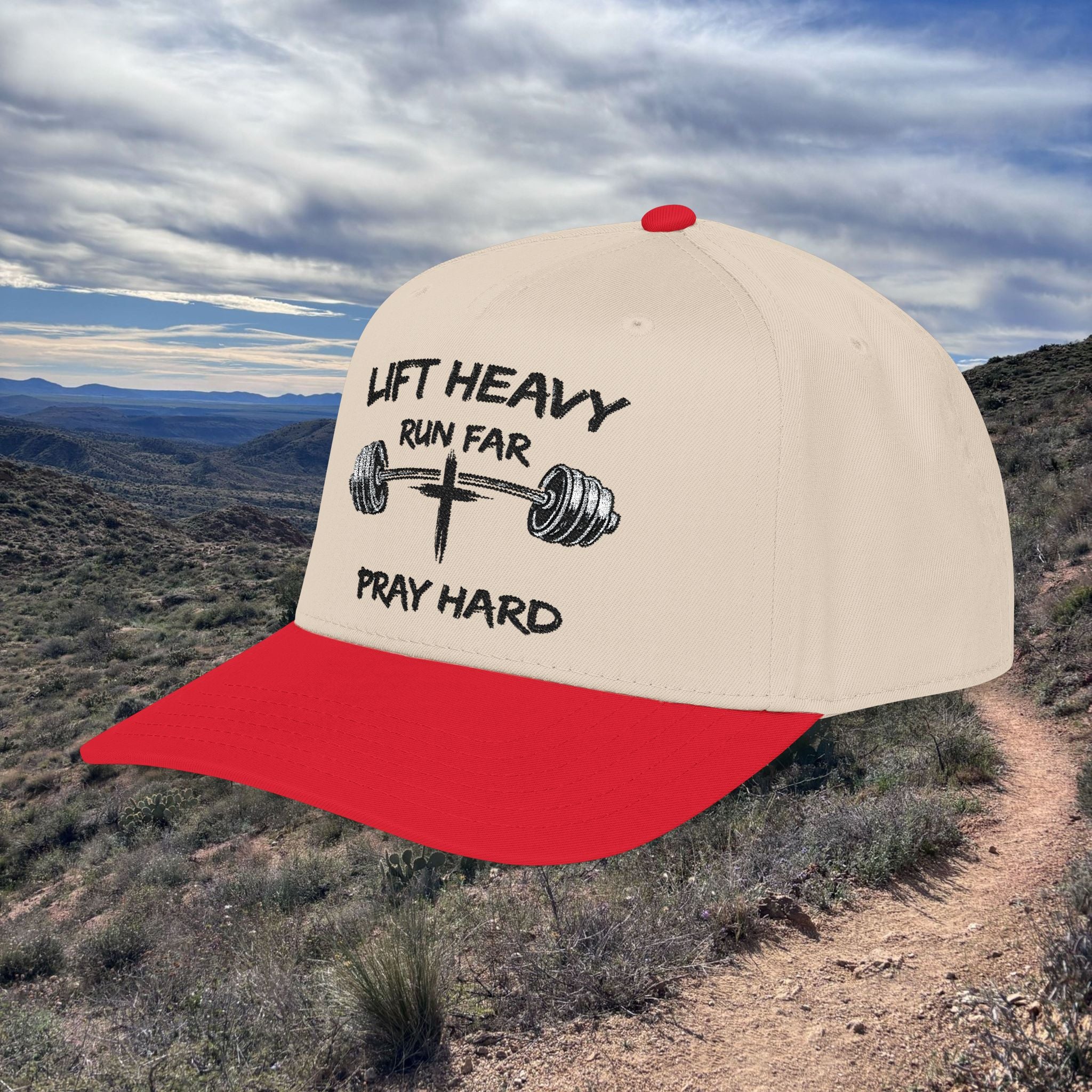 Lift Heavy, Run Far, Pray Hard Two-Tone Cap