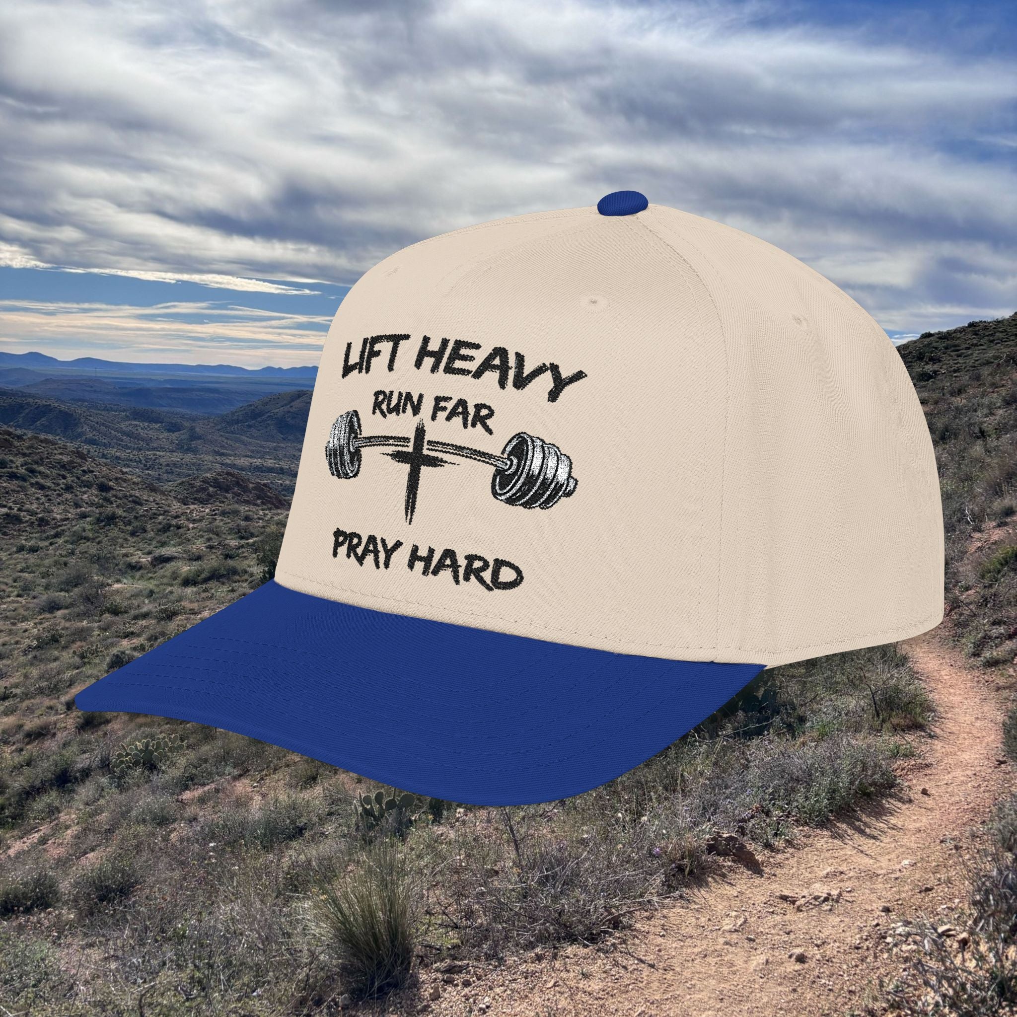 Lift Heavy, Run Far, Pray Hard Two-Tone Cap